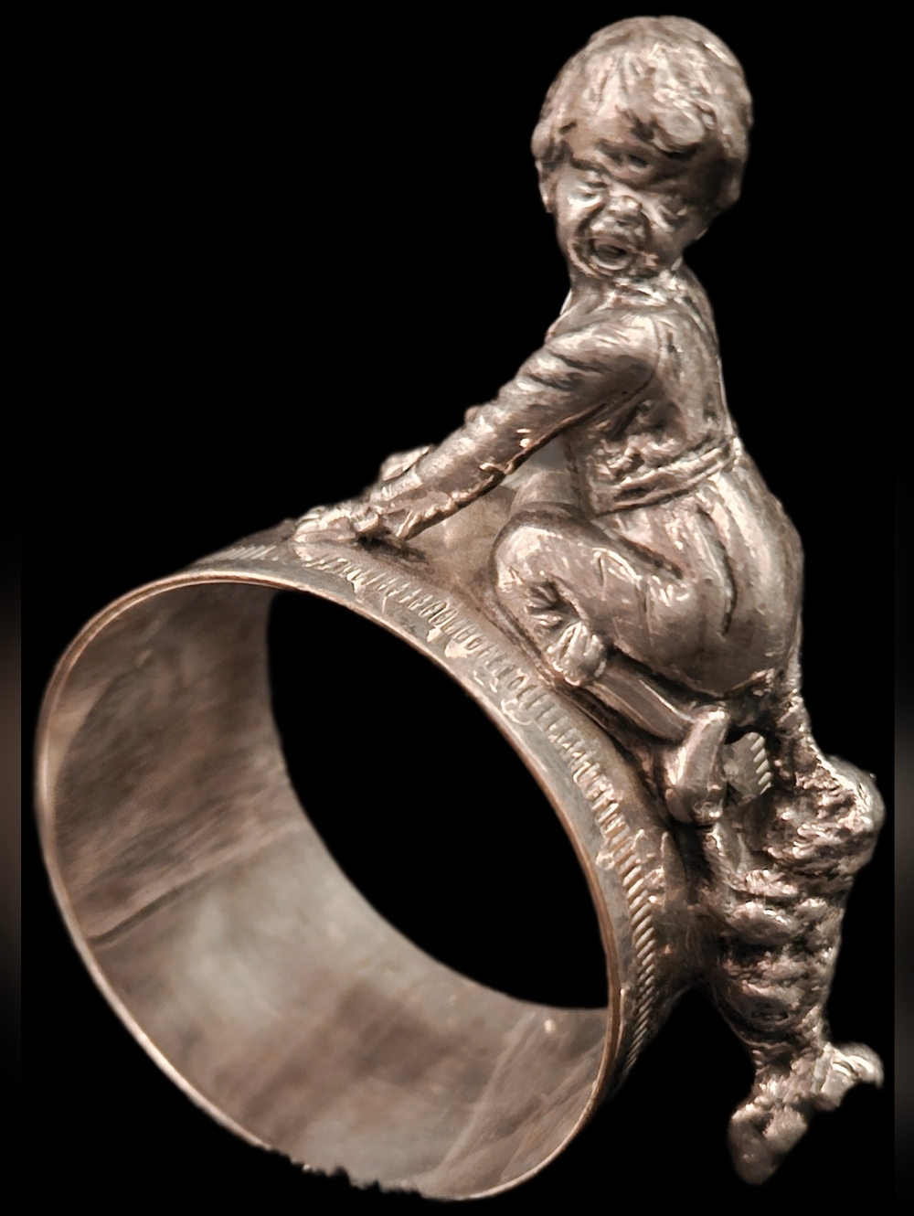 Antique Figural Napkin Ring Boy Dog Scene Silverplate Victorian